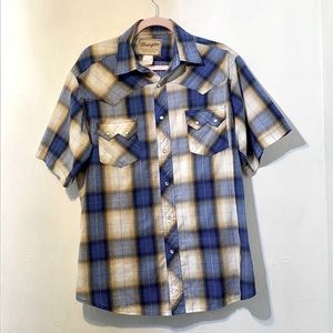 Vintage Wrangler Blue and white Western Fashion Snap Button Shirt Size L